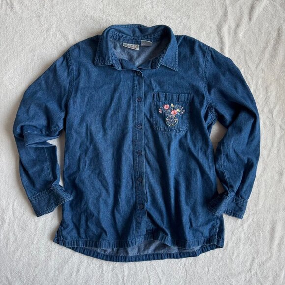 Denim Button Down Top with Floral Embroidery - Picture 2 of 5